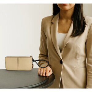 Coach Tan Leather Wristlet Clutch Purse With Zip Closure & Wrist Strap